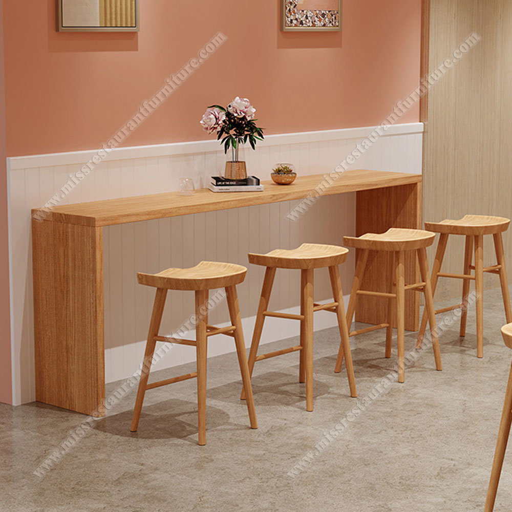 Customize long U shape display cabinet with bar chairs furniture wood color plywood lobby high table and chairs set, plywood lobby high table and bar chairs set 6619